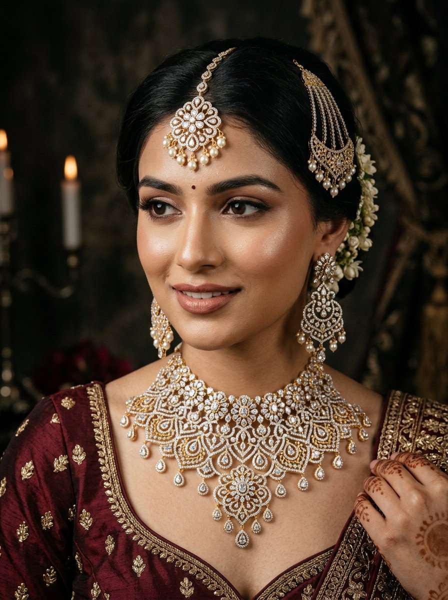 Indian bride in exquisite diamond bridal jewellery set