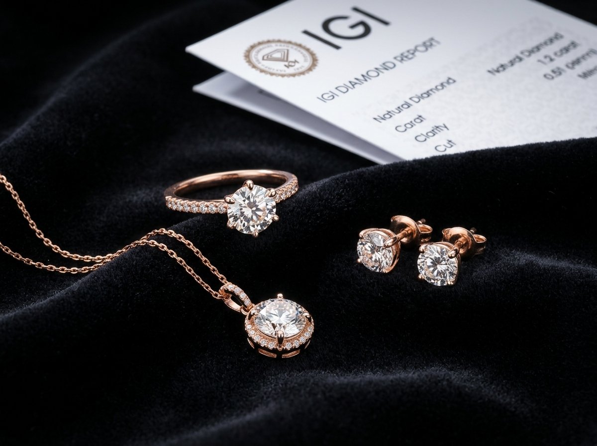 Diamond ring, pendant and earrings set with IGI certificate