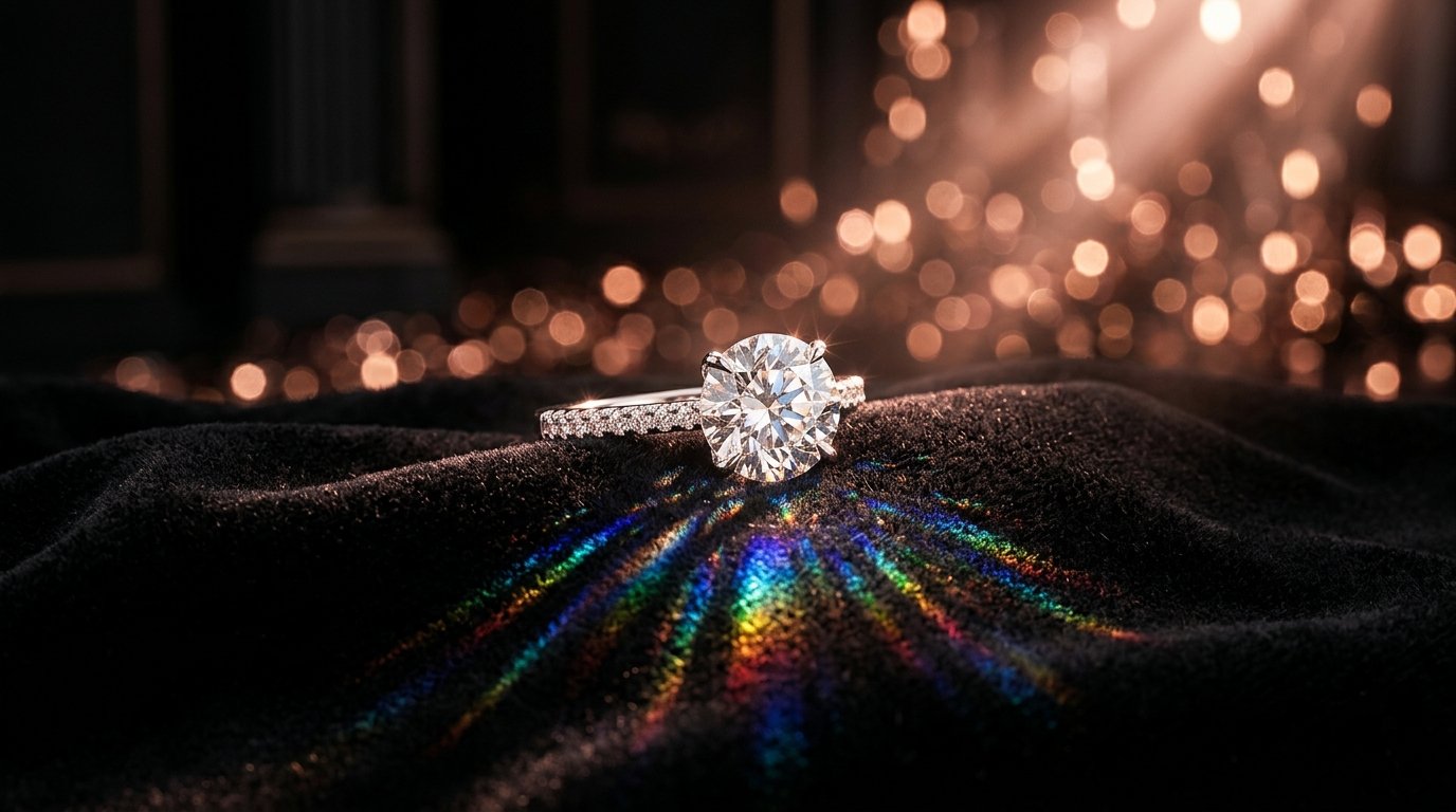 Diamond solitaire ring on black velvet with prismatic light