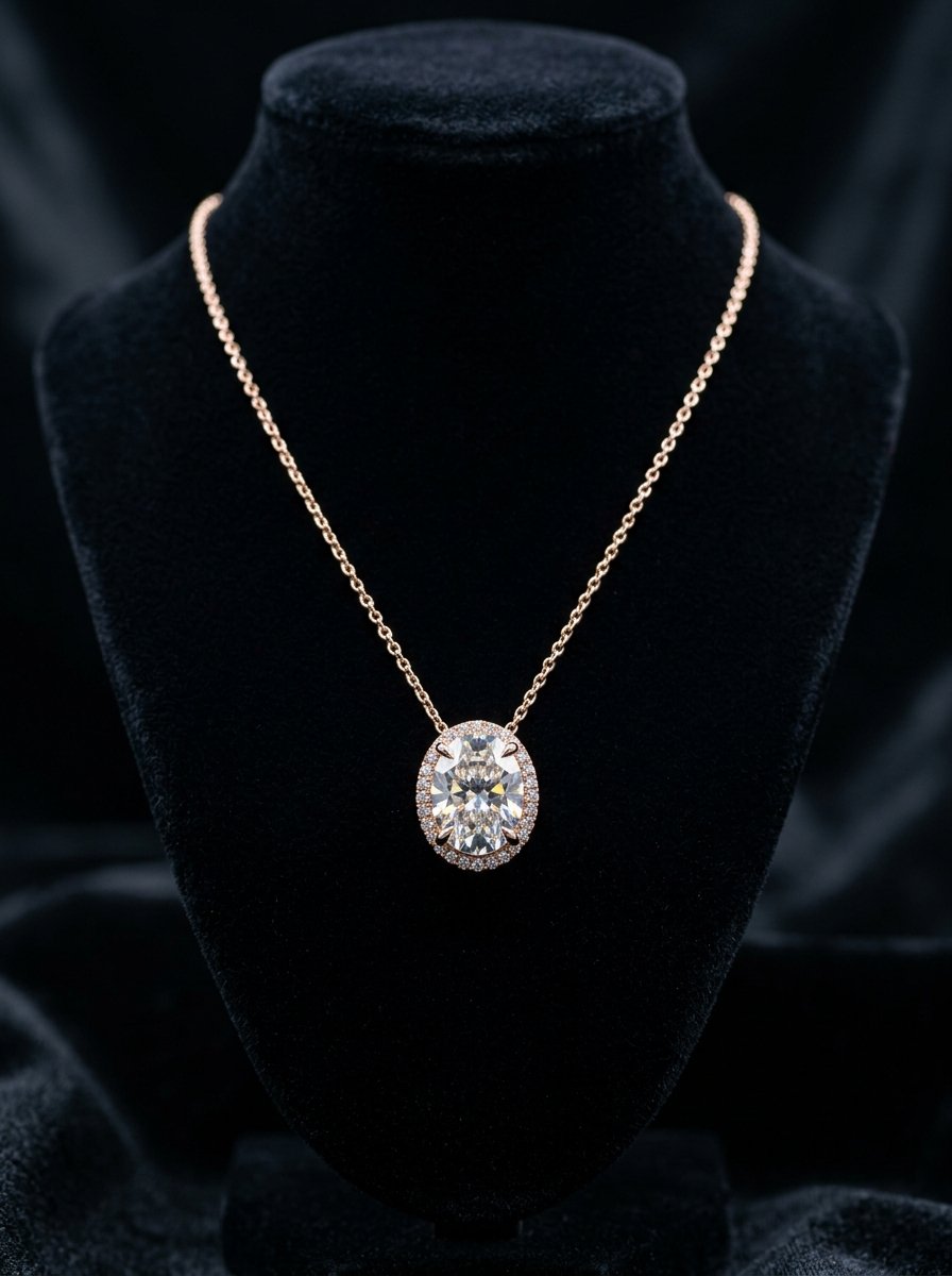 Oval diamond halo pendant on velvet bust