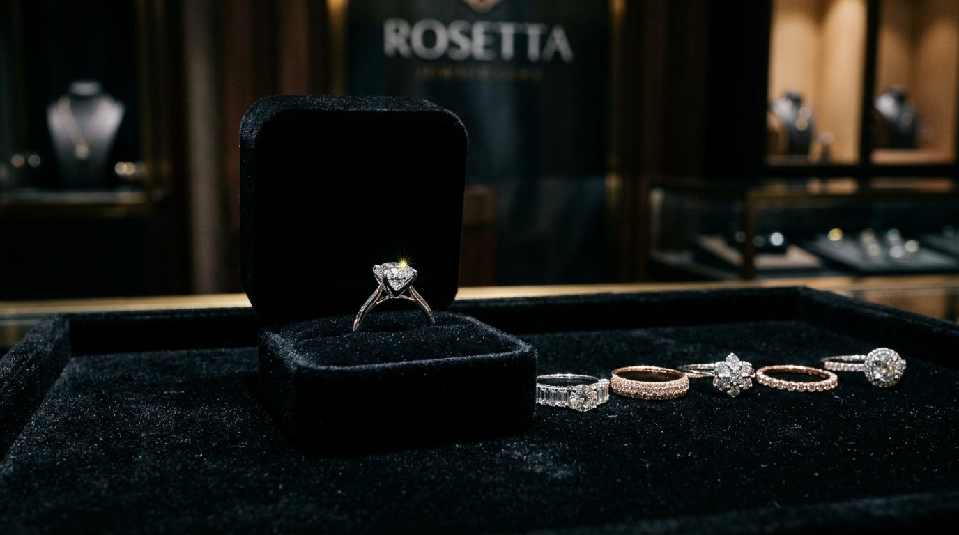 Diamond solitaire ring in black velvet box in Rosetta showroom